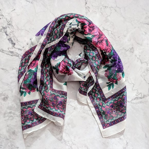 Accessories - Purple and Pink Floral Silky Fashion Scarf